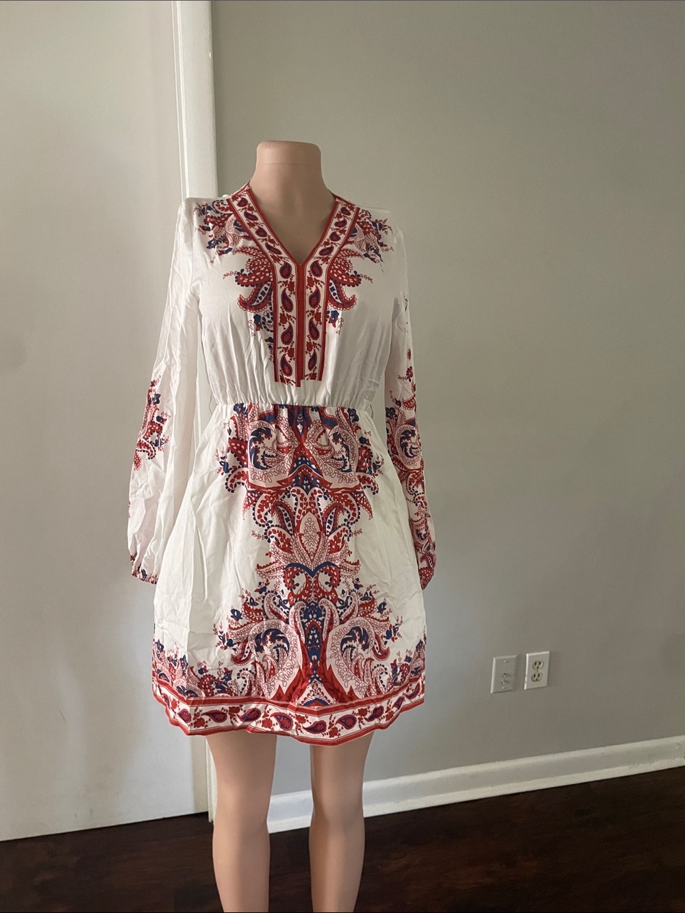 Embroidered White Dress with Red Paisley Accents